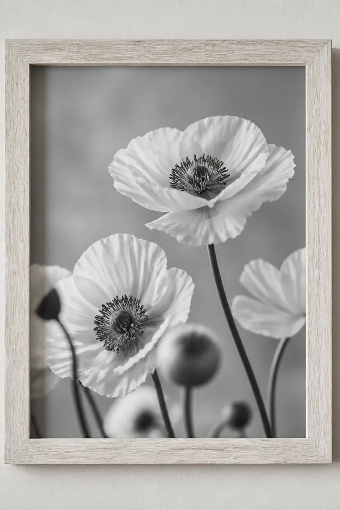 An 8x10 whitewashed wood frame hung straight. The photo inside is black-and-white flowers with a soft gray background.