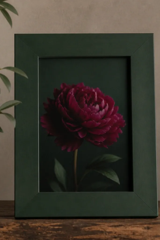A 5x7 frame painted deep green. The insert background is dark green with a burgundy flower photo layered on top.