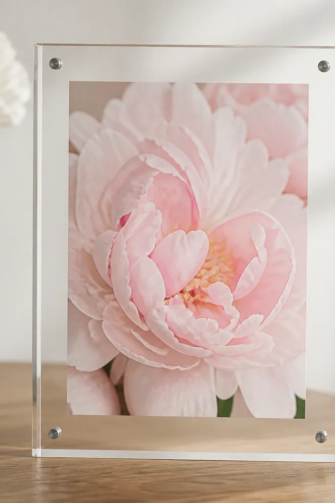 A clear-stand frame with a visible gap around the edges. The flower photo is cropped so big petals fill most of the center.