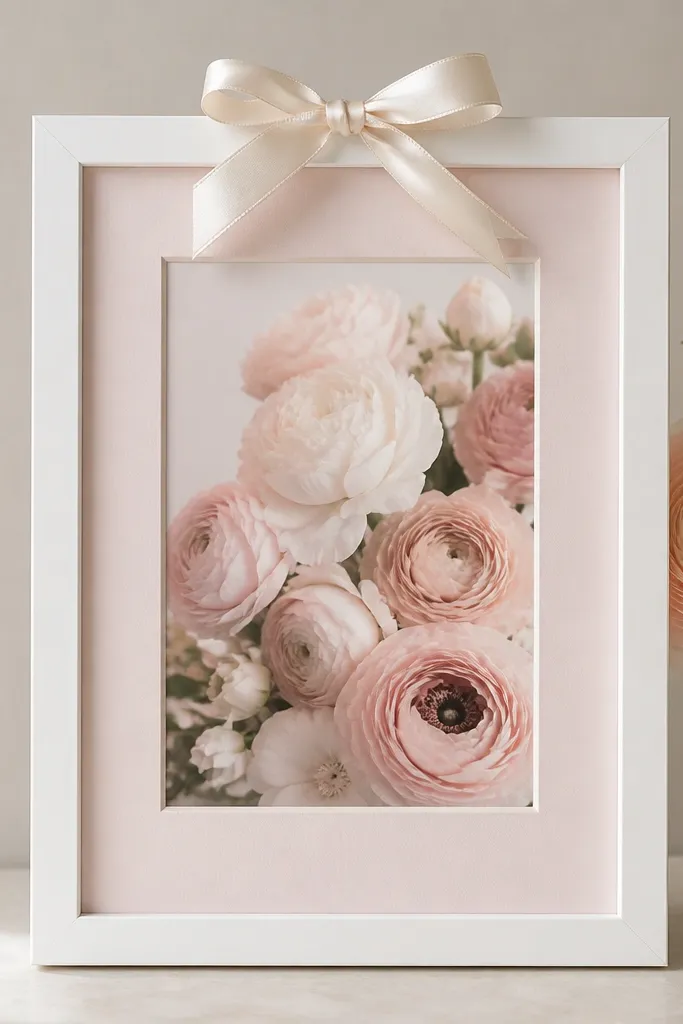 A white 6x8 frame with a small satin ribbon bow tied at the top. Inside is a pastel flower photo with a light pink mat.