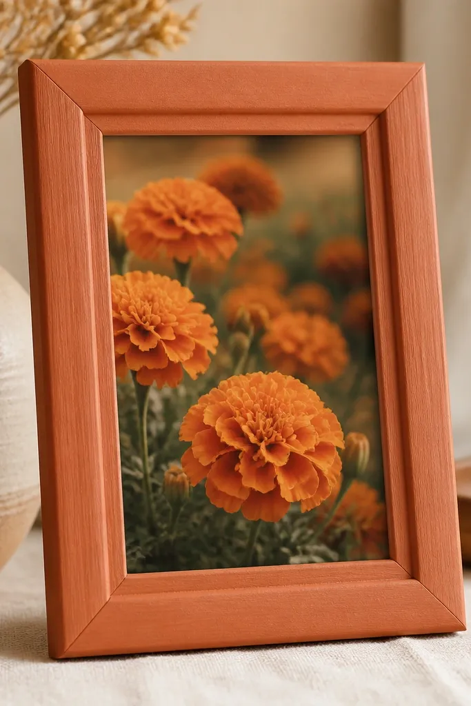 A terracotta-painted wooden frame with a 5x7 insert. The photo shows orange marigolds with a warm, slightly blurred background.