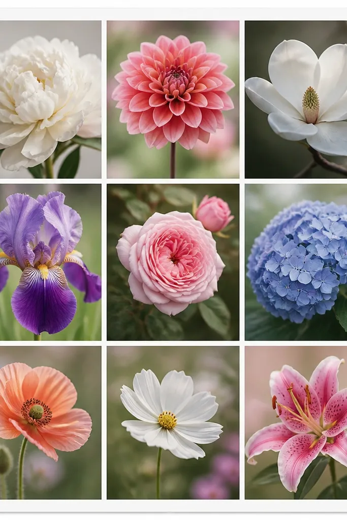 A single 8x10 frame with multiple small photos in a grid. Each photo shows a different flower, with thin white spacing between them.