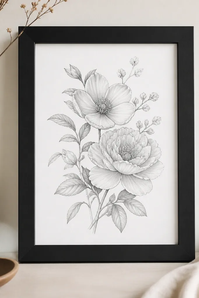 A matte black 6x8 frame. The insert is a white paper background with black pencil-style flower drawings and faint shading.