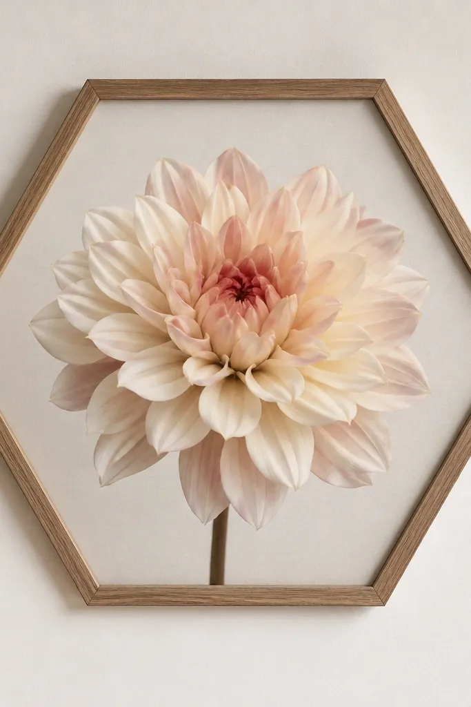A hexagon-shaped frame hung on the wall. Inside is a single large flower head, centered, with a light neutral background.