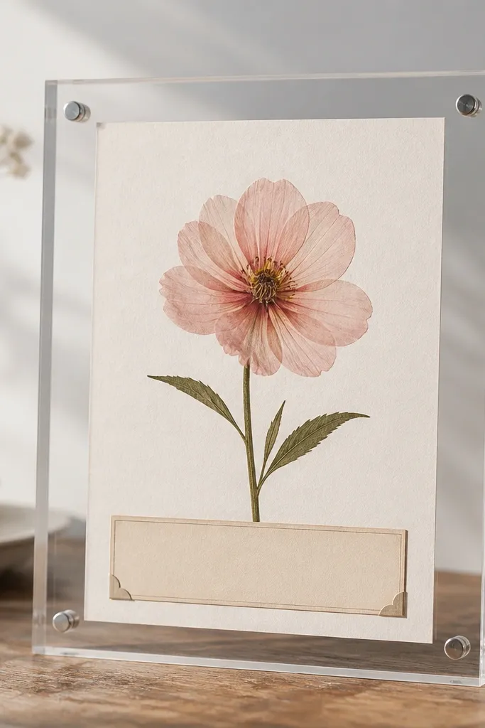 A clear acrylic frame. The image shows a flower with a small label strip at the bottom like a science specimen card.