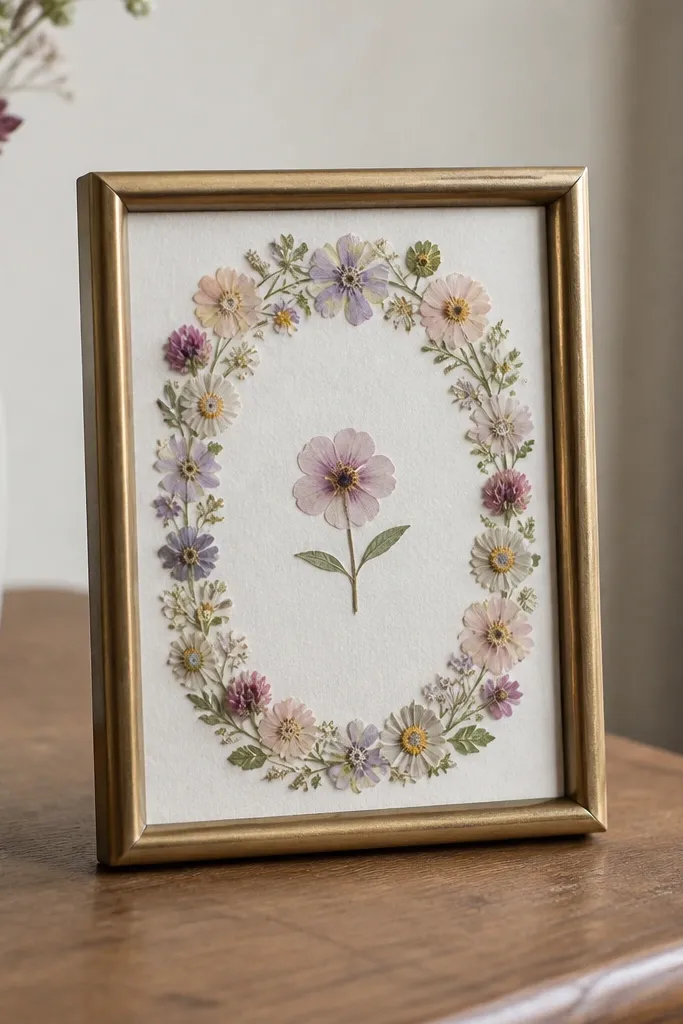 A small 6x8 frame. The insert shows a wreath made of tiny flowers around the border, with one main flower in the center.