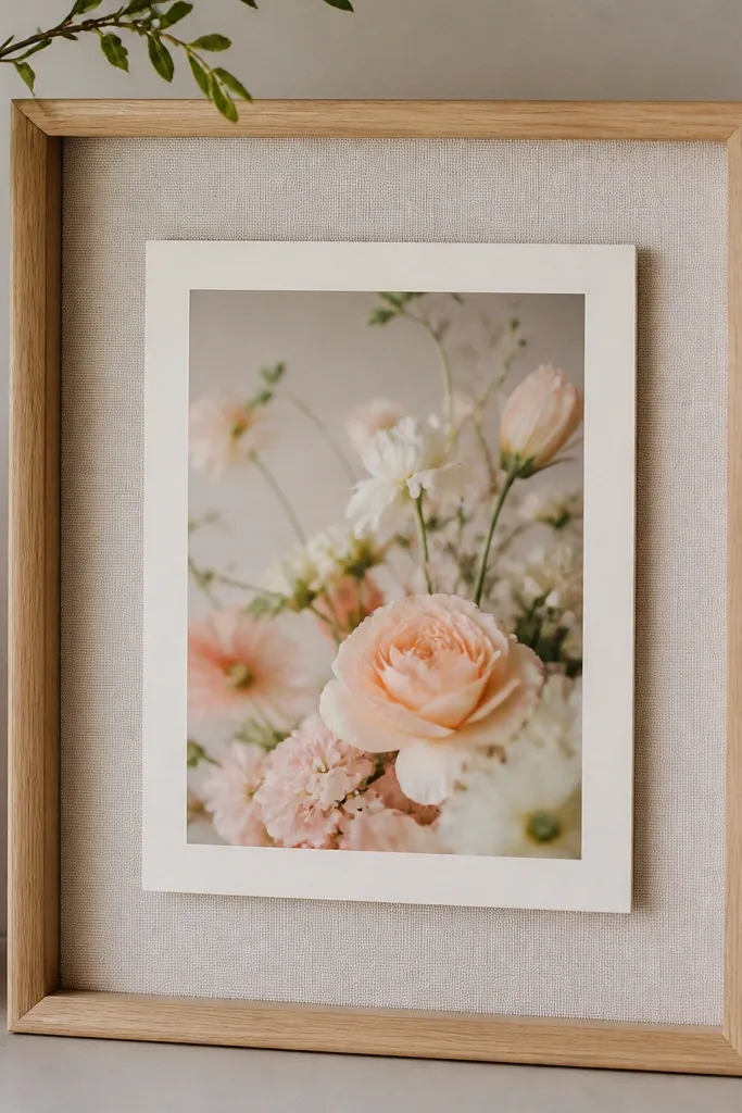 A wooden frame with the back lined in light linen fabric. The insert is a pastel flower photo mounted on cream cardstock.