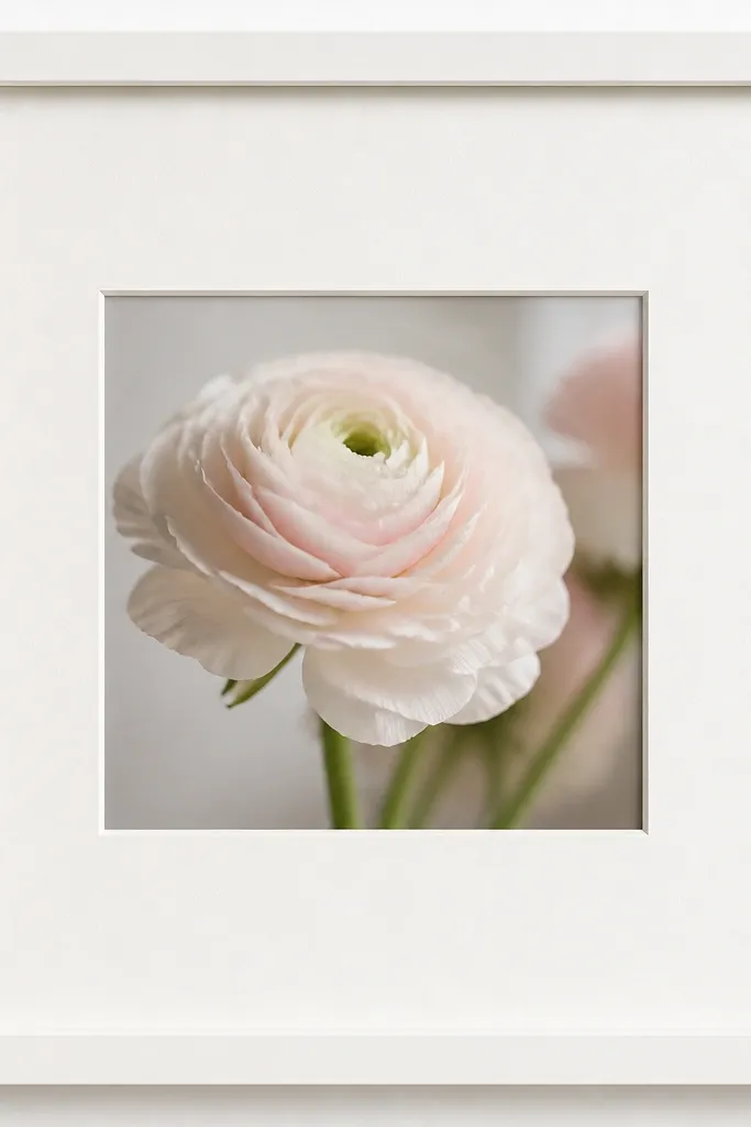 A white frame with a matboard cutout. The flower photo appears behind a rectangular window opening, with a shadowed edge.
