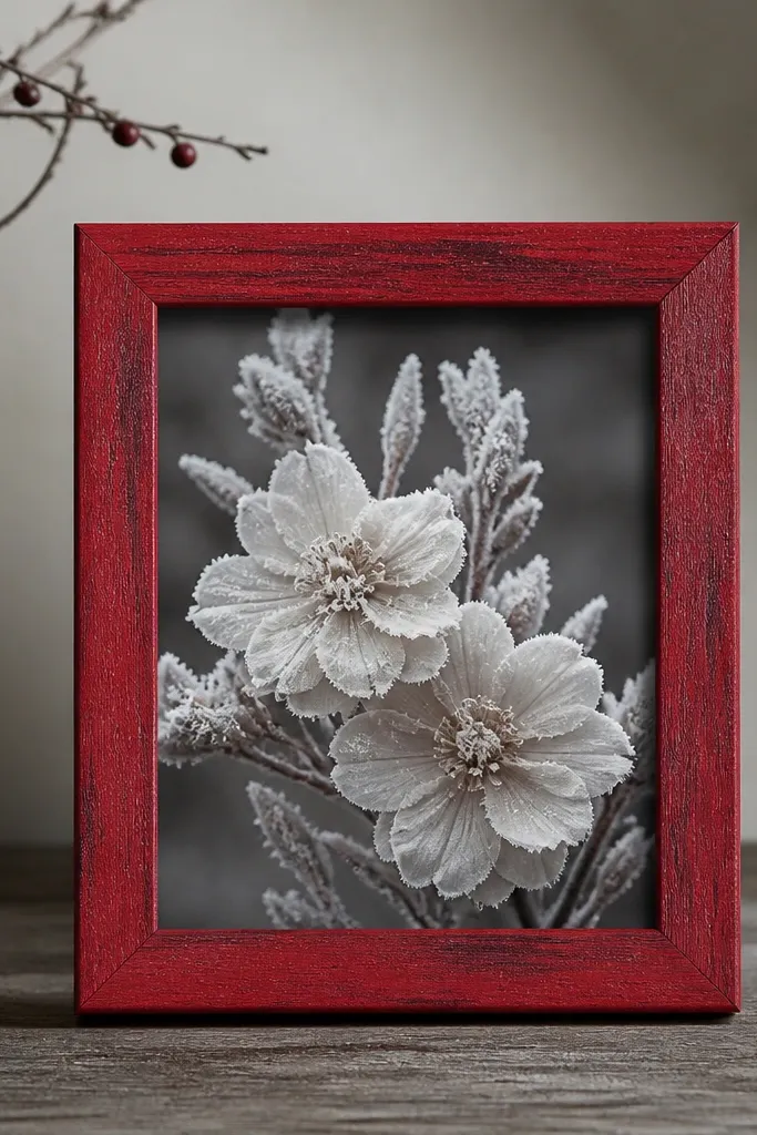 A small red wooden frame. The print shows pale white flowers with icy, frosty highlights, set on a dark gray background.