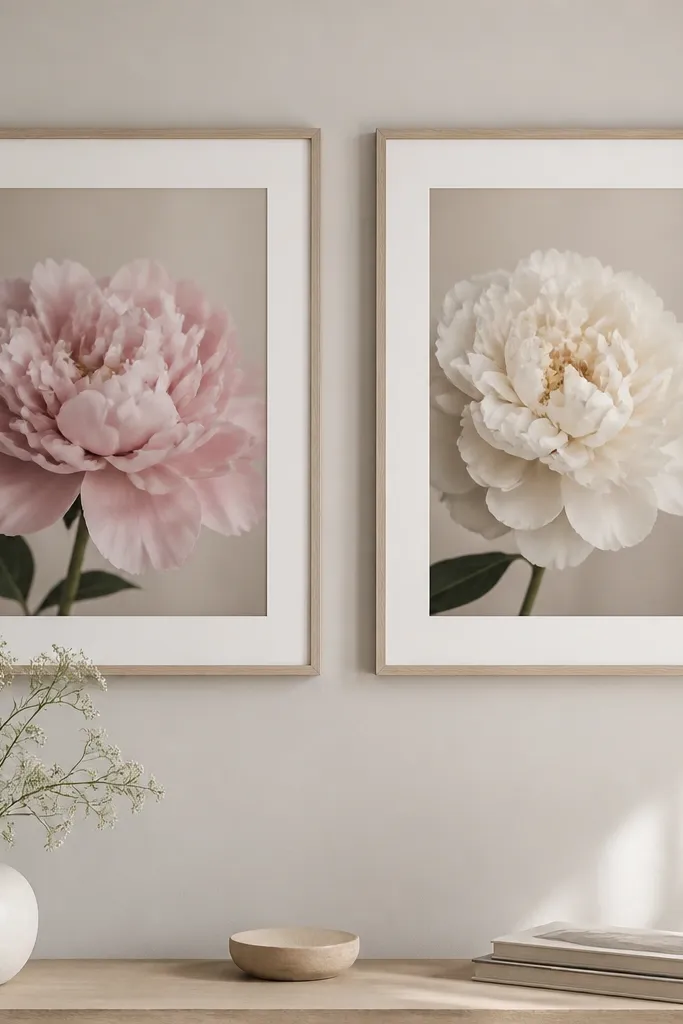 Two matching 6x8 frames hung side by side. Both show the same flower type in different pastel shades, with white mats.