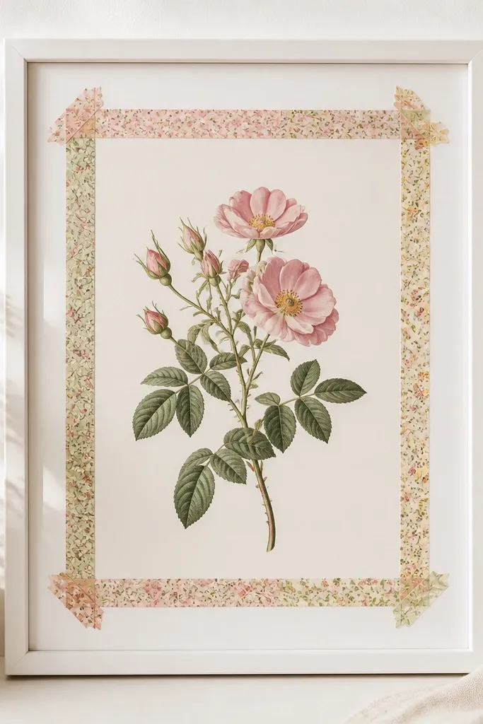 A simple white frame with washi tape strips along the inner edge. The flower print sits centered, and the tape forms a clean border pattern.