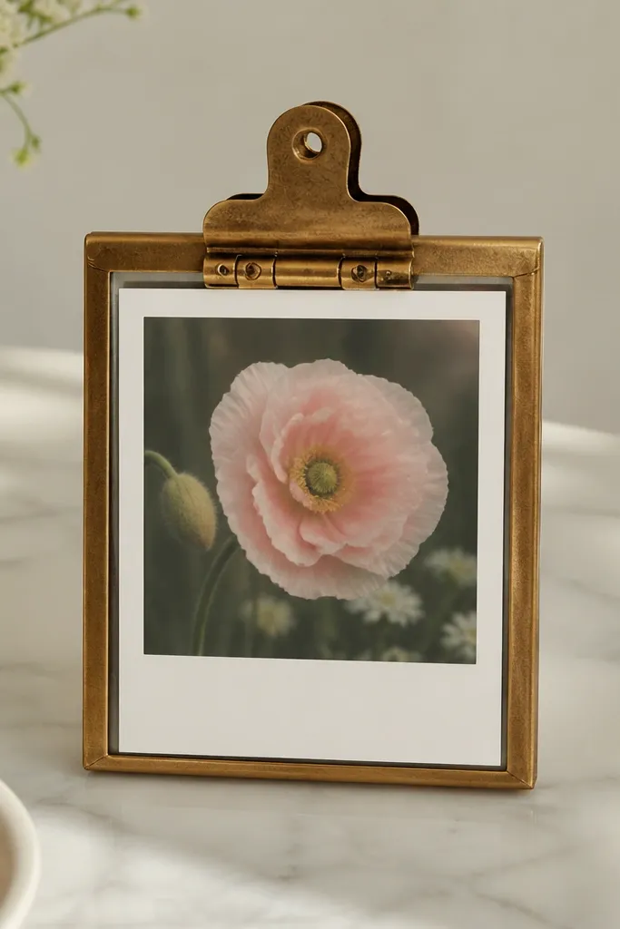 A small clip-on frame with a visible hinge. Inside is a polaroid-style flower photo with a white caption strip at the bottom.