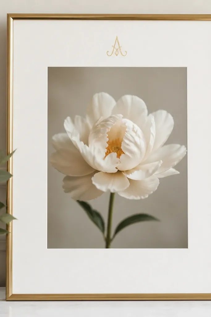 A 6x8 frame with a clean white mat. The top has a small gold monogram letter, and the center shows a single flower photo.