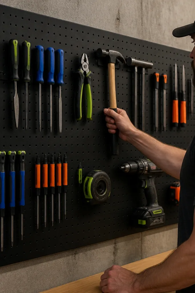 Matte black pegboard wall with hooks holding tools and labeled bins below