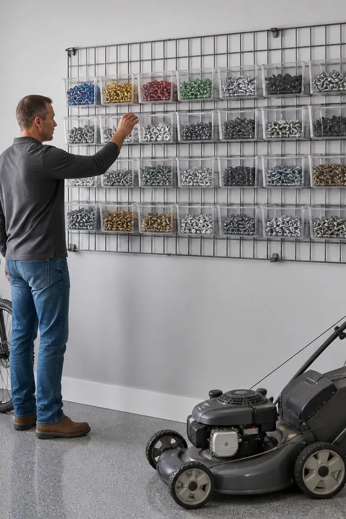 Clear plastic bins on a wall grid with labels above a work area
