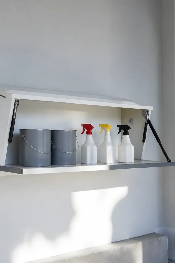 Fold-down wall shelf holding spray bottles with a clean labeled area