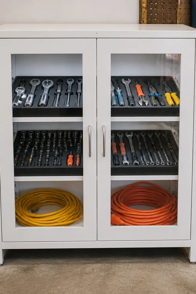 White melamine cabinet with clear door panels showing tools and labeled shelves