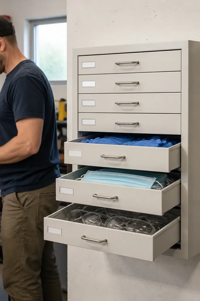 Wall-mounted drawer bins with labels for gloves, masks, and ear protection