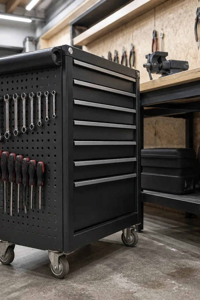 Rolling cart with pegboard side panel holding tools neatly arranged