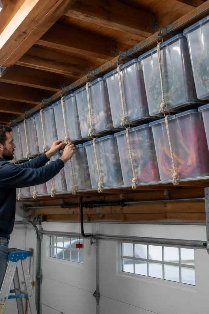 Overhead bins on ceiling rails with rope latches and neatly stacked storage