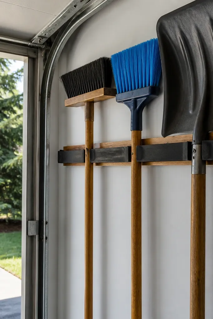 Narrow shelf along the garage door track area holding long-handled tools
