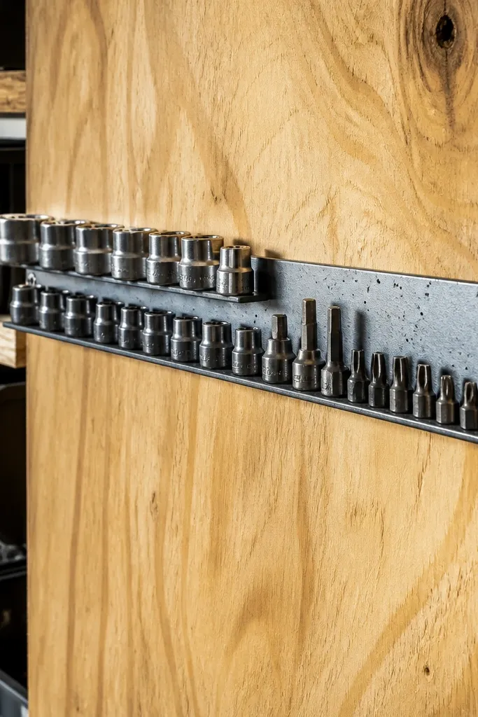 Magnetic strip on a workbench wall with labeled socket organizers