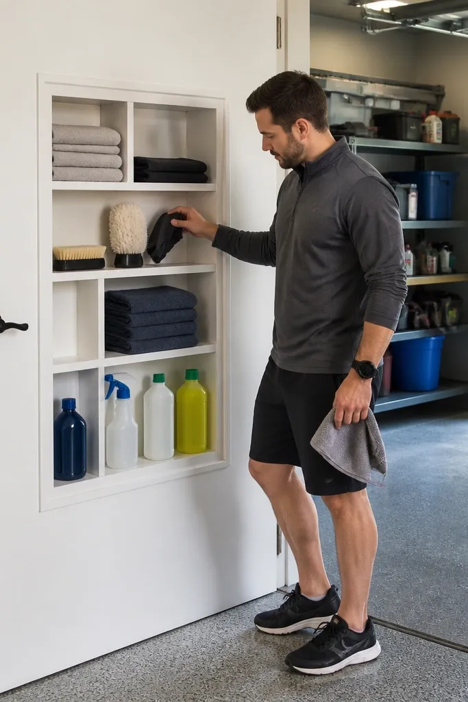 Garage door-side organizer bins on a panel with labeled compartments
