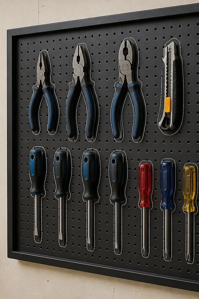 Pegboard shadow box panel with outlines and tools arranged neatly