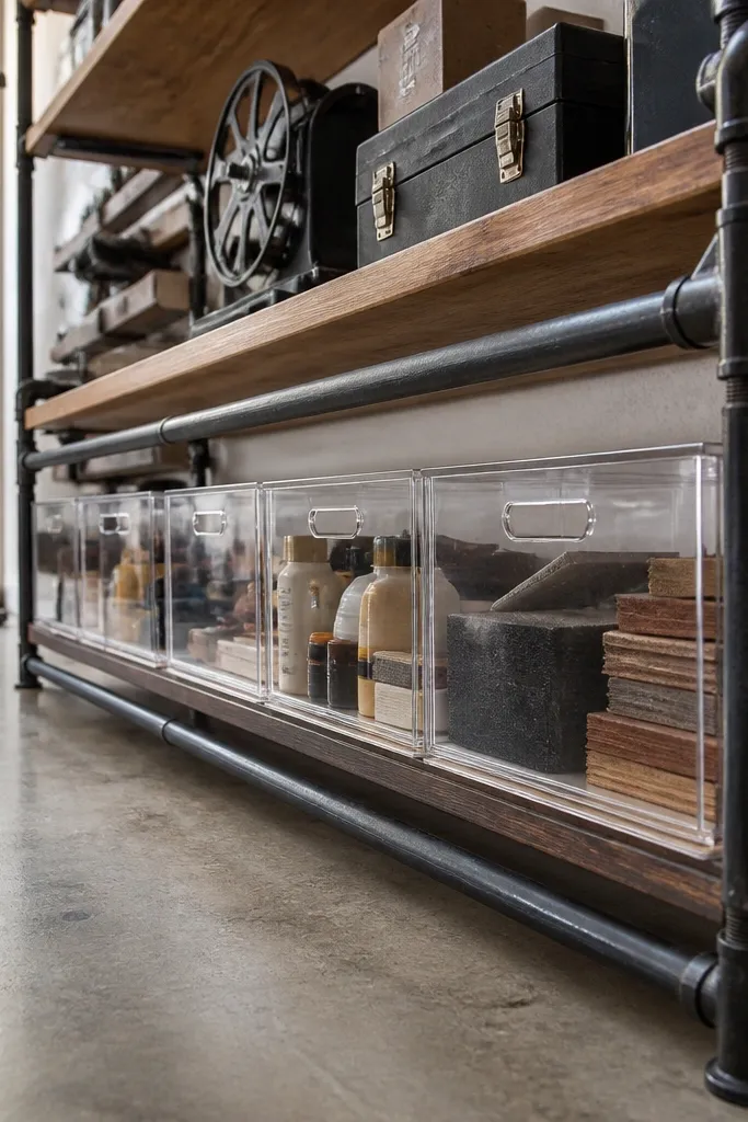 Black pipe shelf with clear bins underneath and labeled fronts