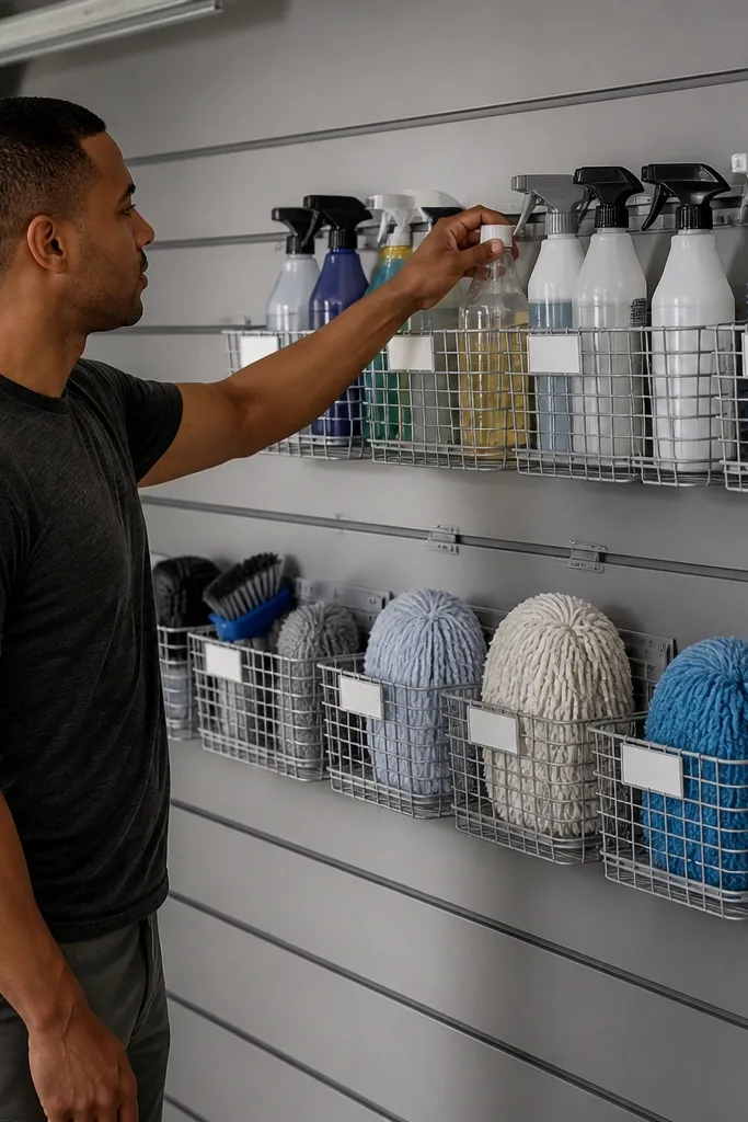 Wire baskets mounted on a wall holding brooms, mops, and cleaning bottles