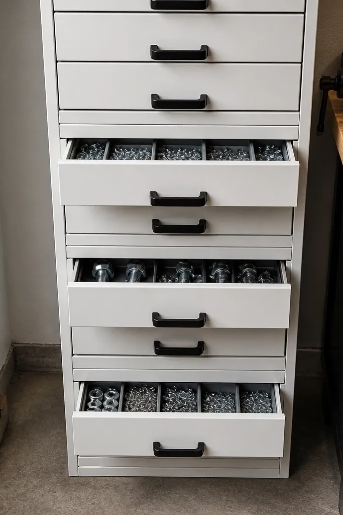 Stacked drawer cabinets with labeled compartments for screws and hardware