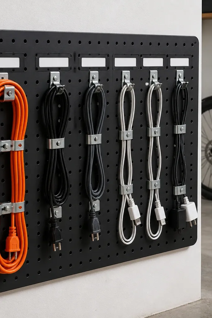Pegboard cord organizer with clips and labeled extension cords