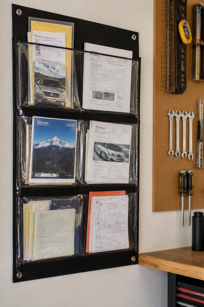 Wall-mounted clear document pockets in a neat grid with labels
