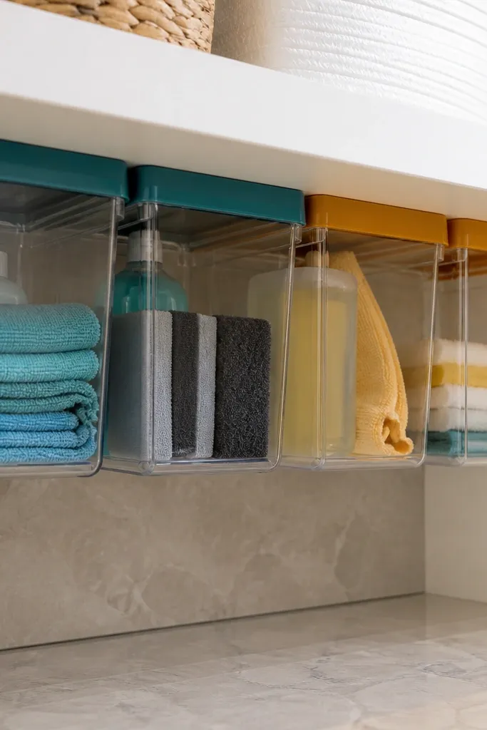 Under-shelf area with bins lined up for rags, cleaner spray, and scrub brushes