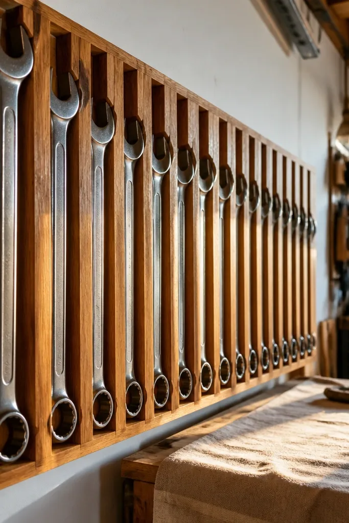 Wall-mounted wood slat divider holding long wrenches in separate slots