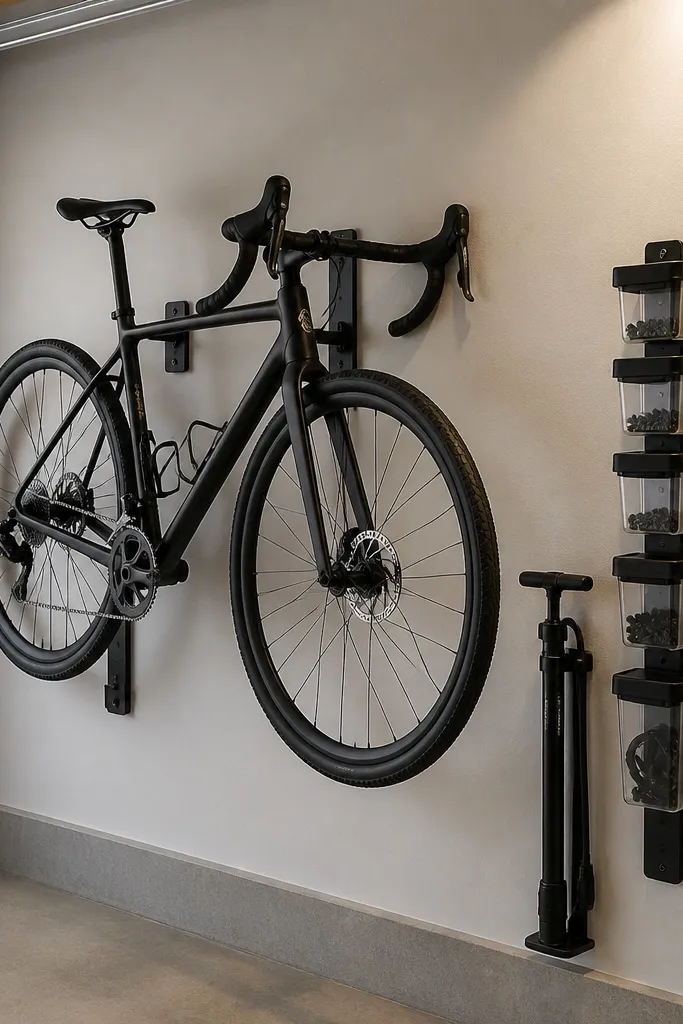 Wall-mounted bike stand with pump and accessories in labeled bins