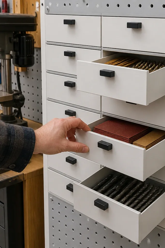 Pegboard with small drawer-style boxes labeled for drill bits and sandpaper
