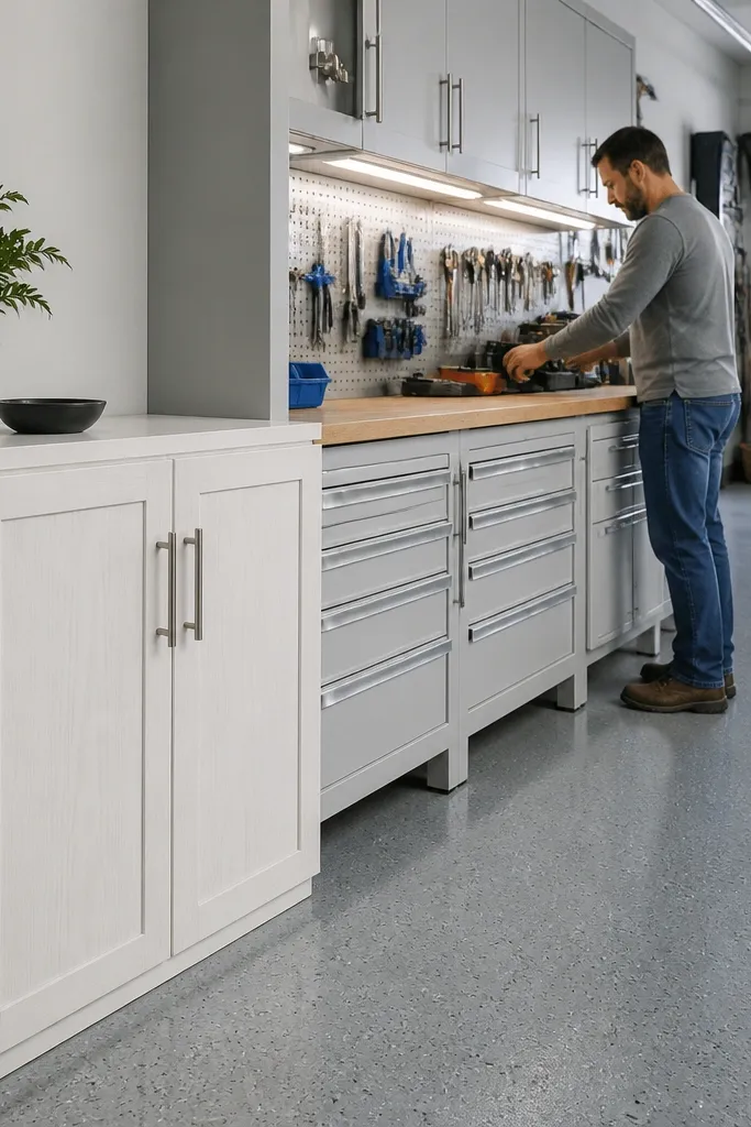 Small cabinet with door panels hiding trash bins and labeled recycling areas