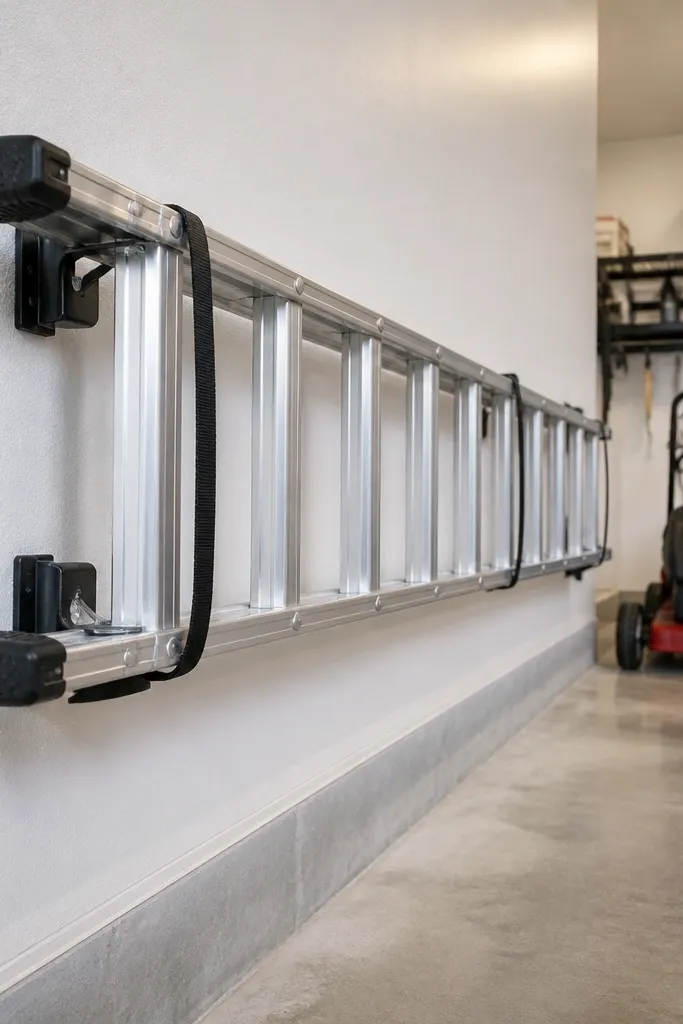 Wall-mounted ladder storage with rubber cradles and clean straps