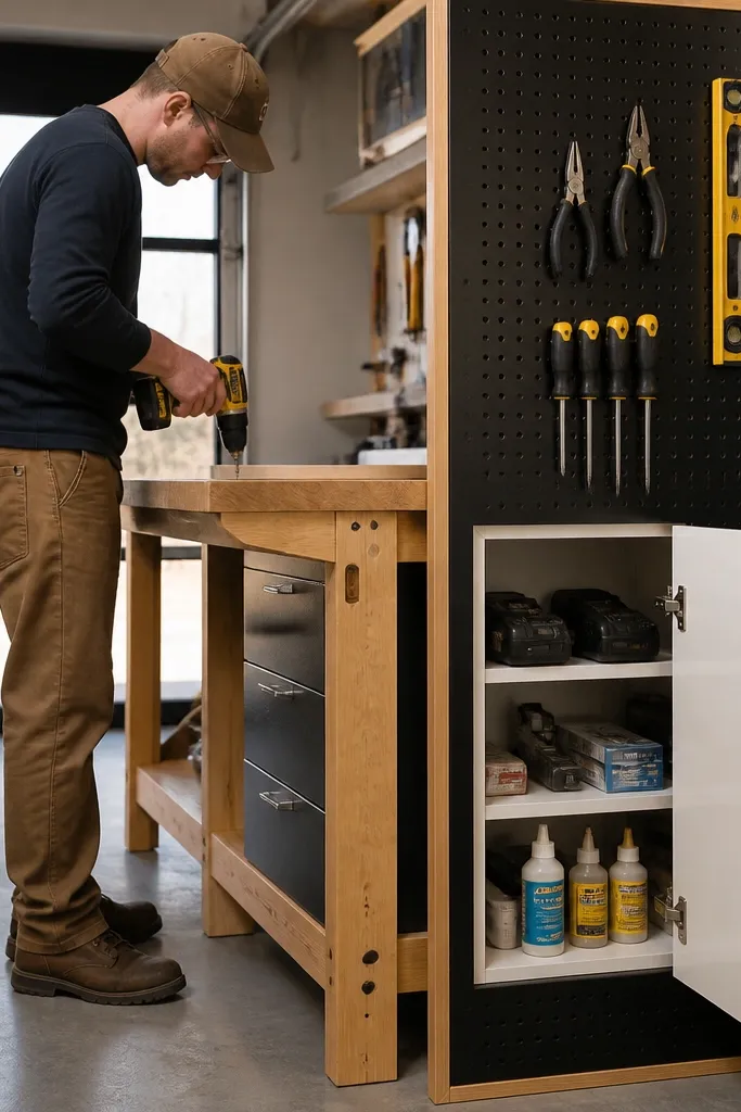 Tool bench side panel with pegboard hooks and a small cabinet with door