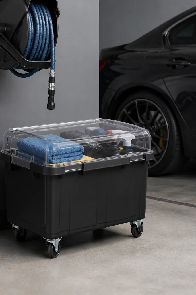 Rolling bin with clear lid and labeled compartments for car supplies
