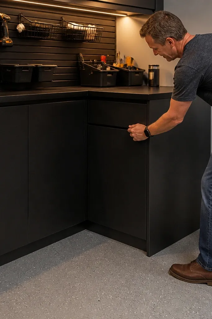 Corner shelf with a pull-out trash can hidden behind a panel