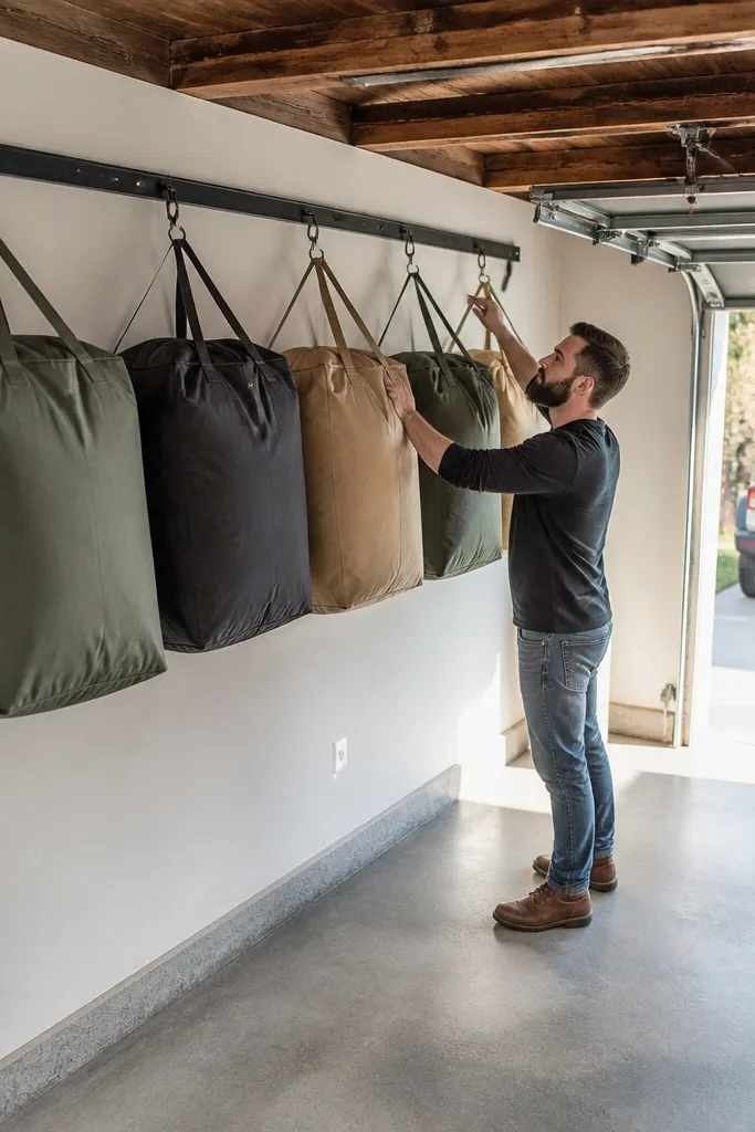 Overhead rail with hanging lightweight bags and straps in neat rows
