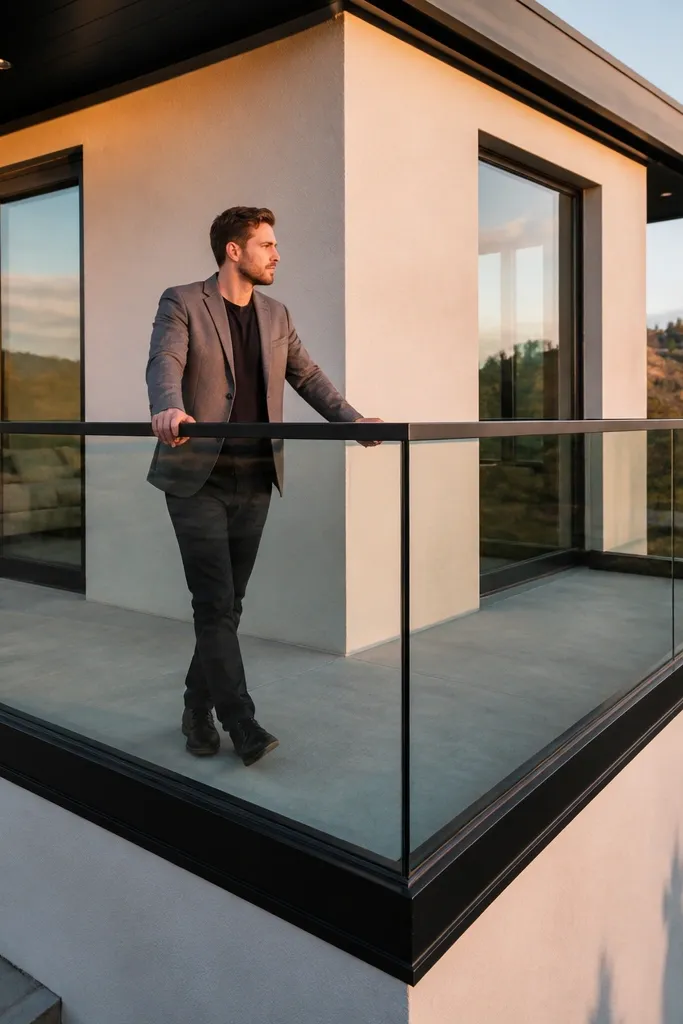 Glass panels turning a corner with a tidy corner return frame