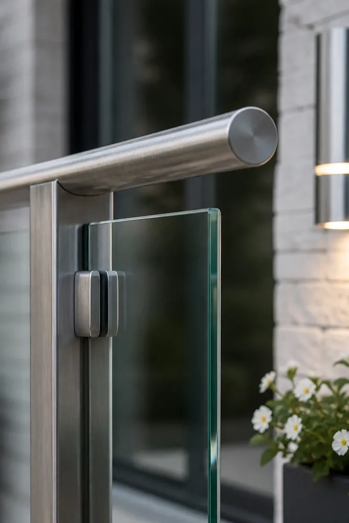 Brushed stainless posts and clamps holding clear glass panels
