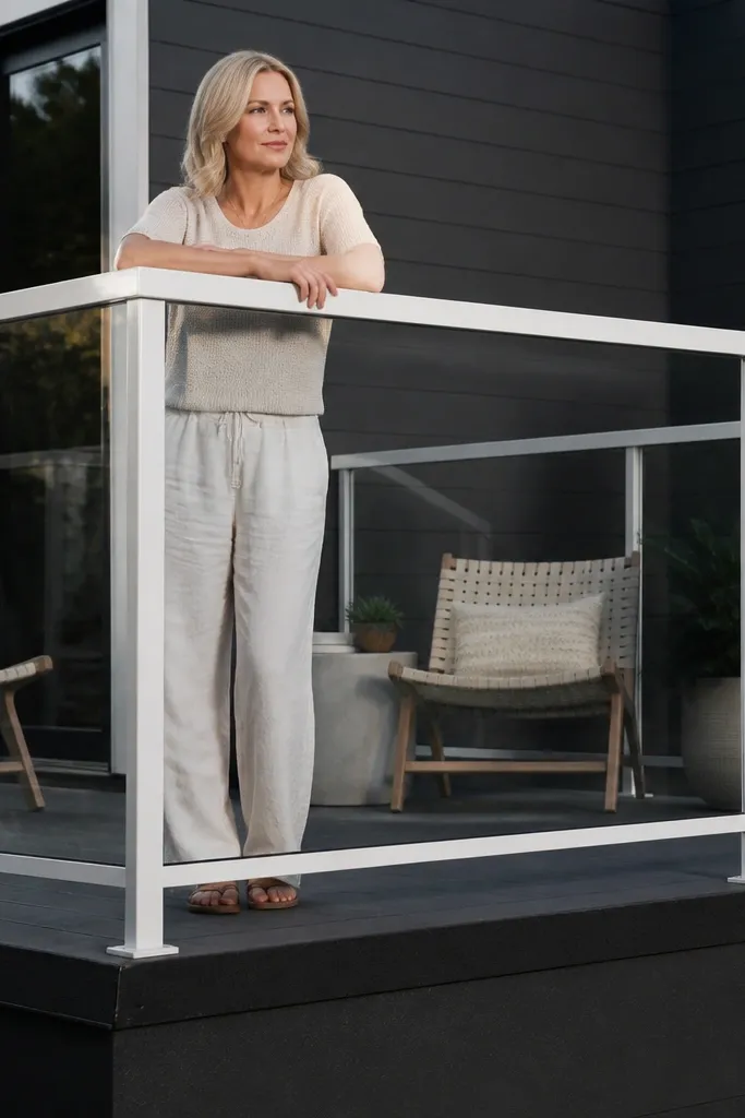 Matte white posts and frame holding clear glass panels