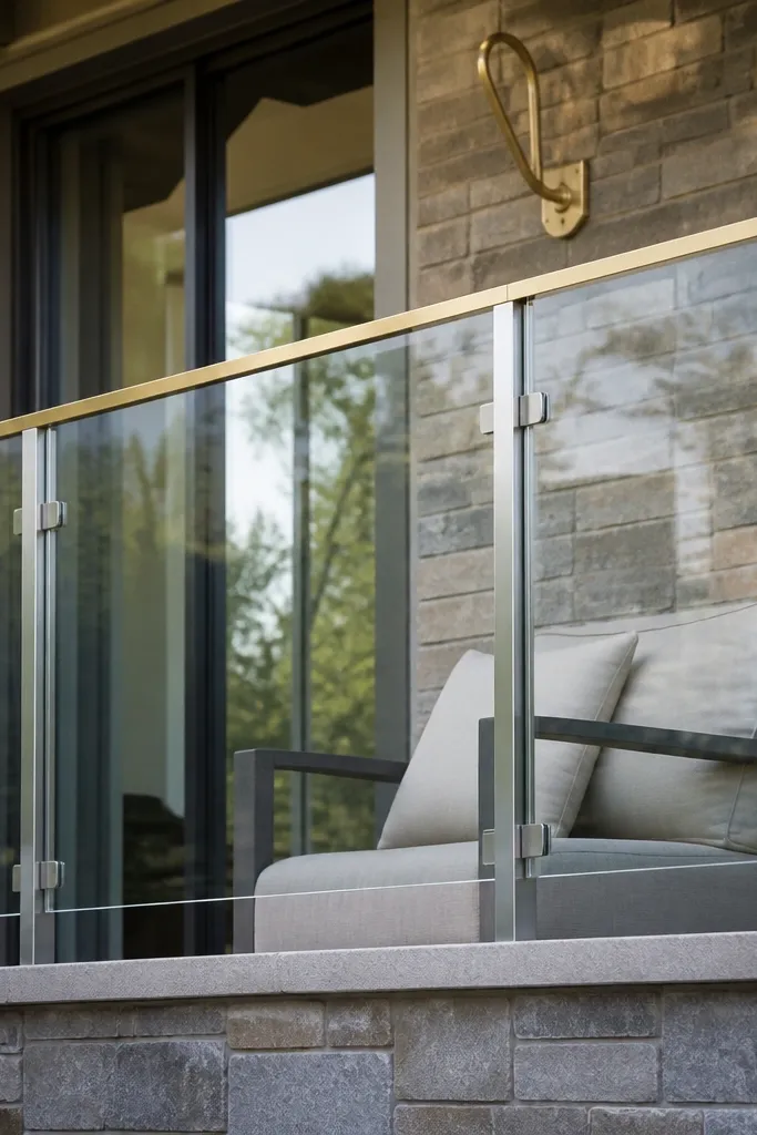 Clear glass panels with a thin brass accent rail line