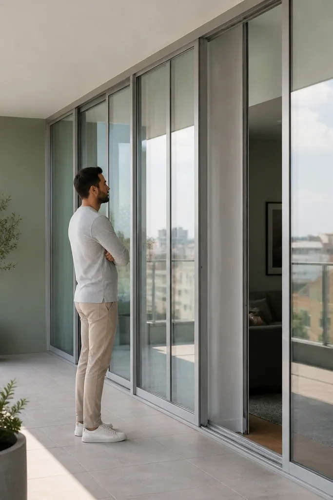 Clear glass panels inside a frame with slim vertical accent strips