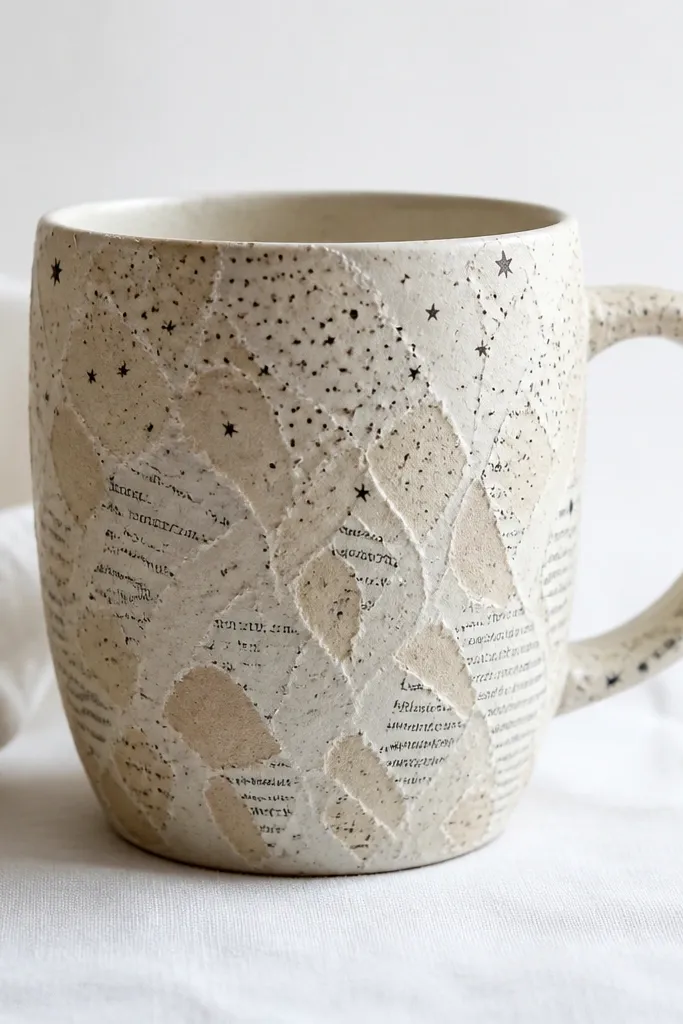 A mug covered in small torn book-page shapes, with tiny star-like dots concentrated near the upper half. The background stays mostly white, and the torn edges look crisp.