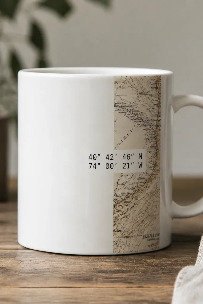 A mug with a narrow strip of vintage map print running vertically along the side near the handle. Over it, black coordinates numbers sit in a neat block, with the rest of the mug plain.